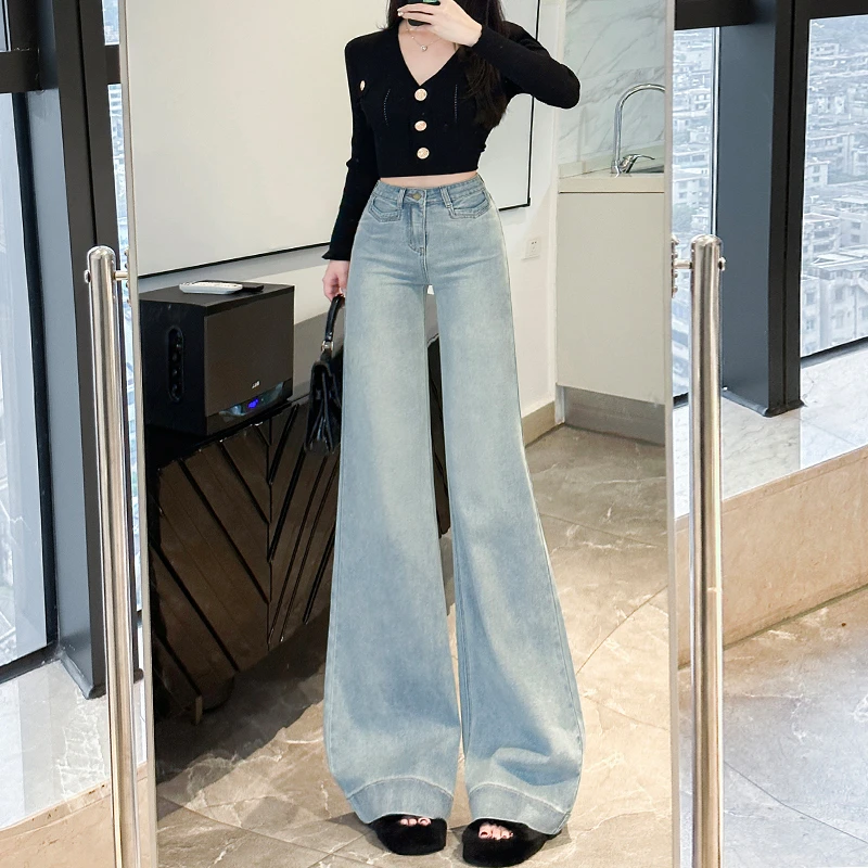 浅蓝色微喇牛仔裤女2025早春新款高腰显瘦修身辣妹小个子时尚百搭