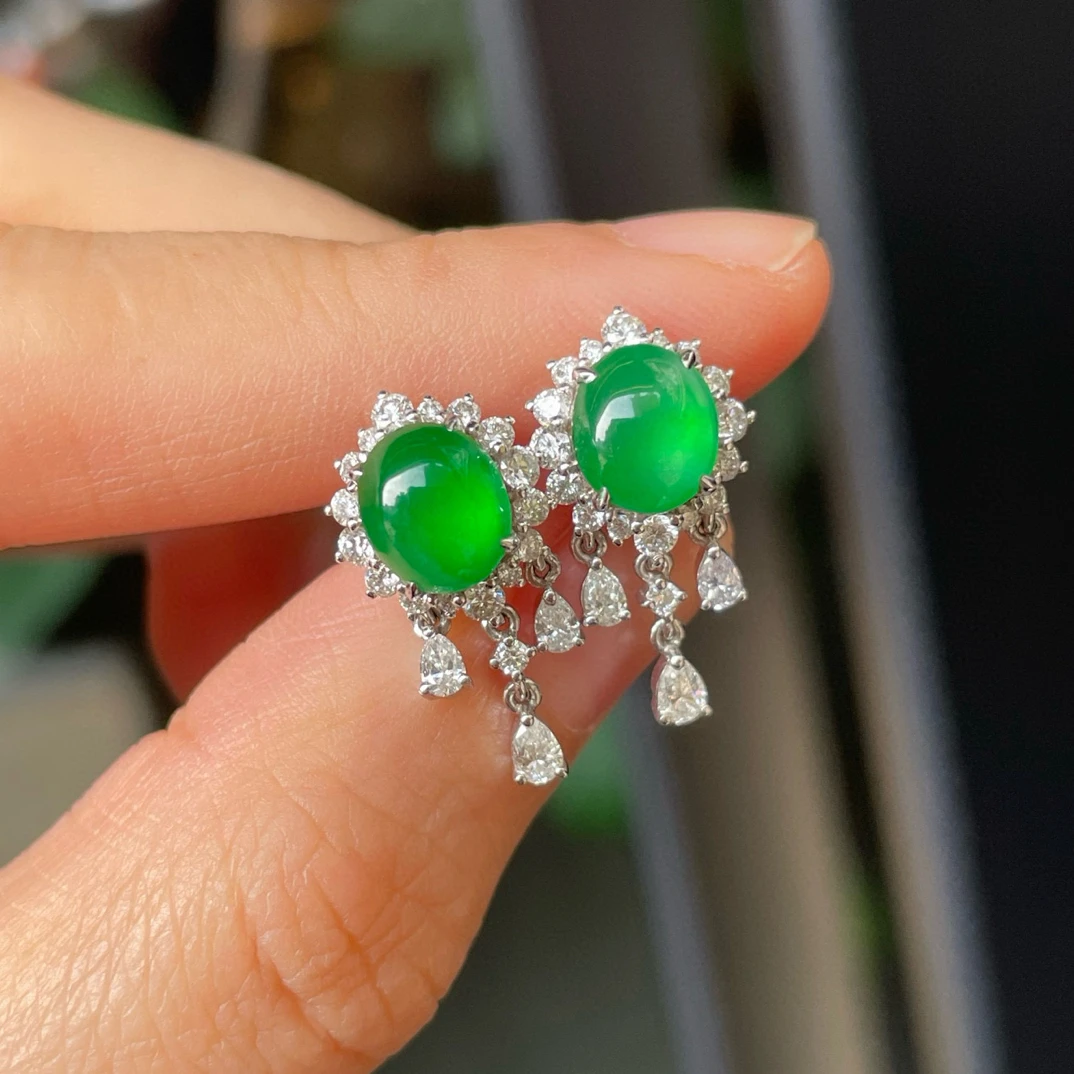 翡翠满绿蛋面耳钉耳饰 时尚百搭