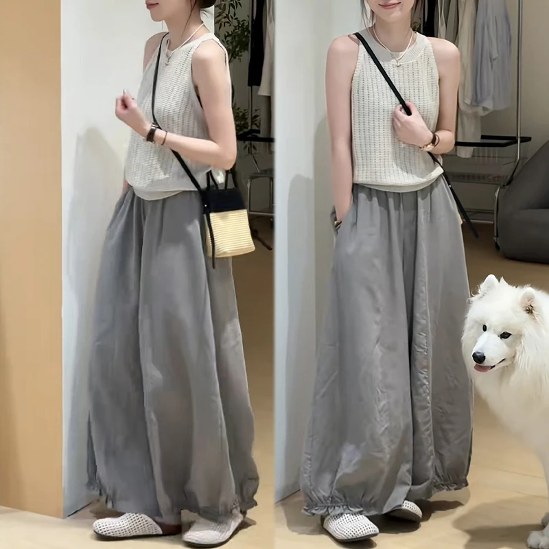 潮流一整套穿搭女2025年夏季新款纯色圆领无袖上衣休闲阔腿裤套装