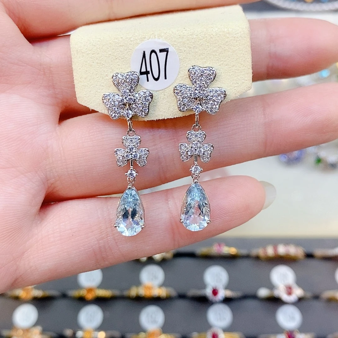 海蓝宝石耳饰银S925镶嵌