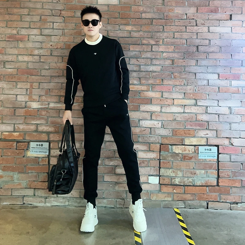 男士韩版舒适宽松拼接圆领卫衣长裤两件套春秋季时尚休闲运动套装