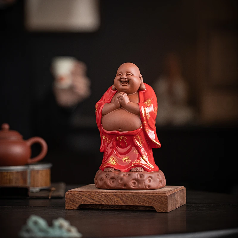 禅意紫砂可爱弥勒佛桌面摆件精品茶玩茶具摆件客厅玄关办公室装饰