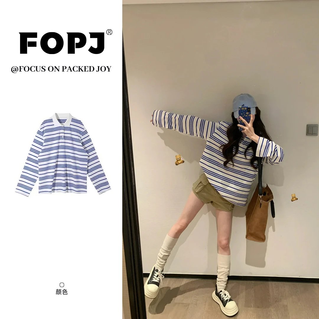 FOPJ韩系复古条纹POLO领长袖t恤女设计感宽松百搭显瘦甜辣妹上衣