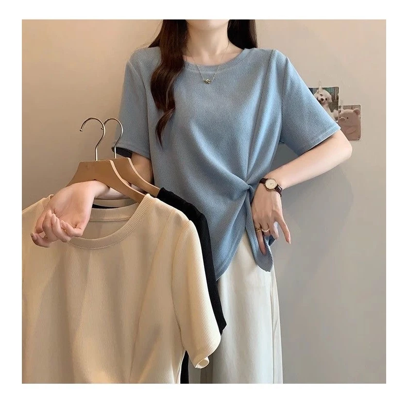 大码彩蓝正肩t恤短袖女2025新款夏季胖mm不规则遮肚显瘦微胖上衣