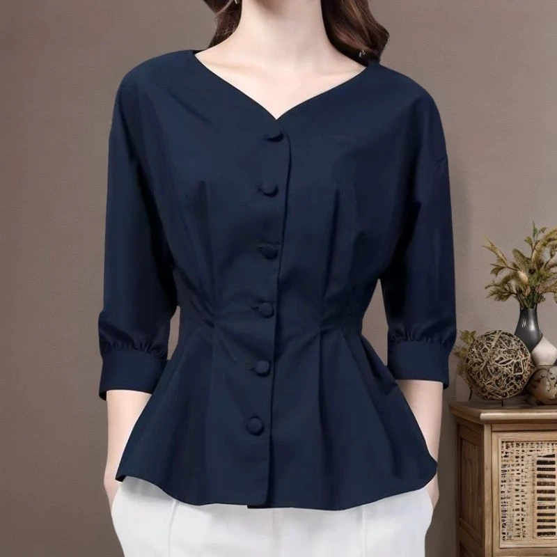 法式收腰v领七分袖上衣2025夏季新款高档洋气显瘦雪纺打底衫t恤女