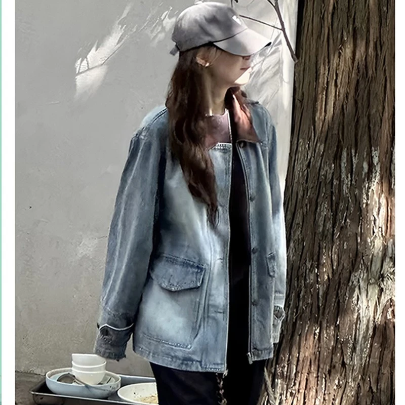 复古做旧撞色牛仔外套女2025早秋新款设计感宽松Polo开衫长袖上衣