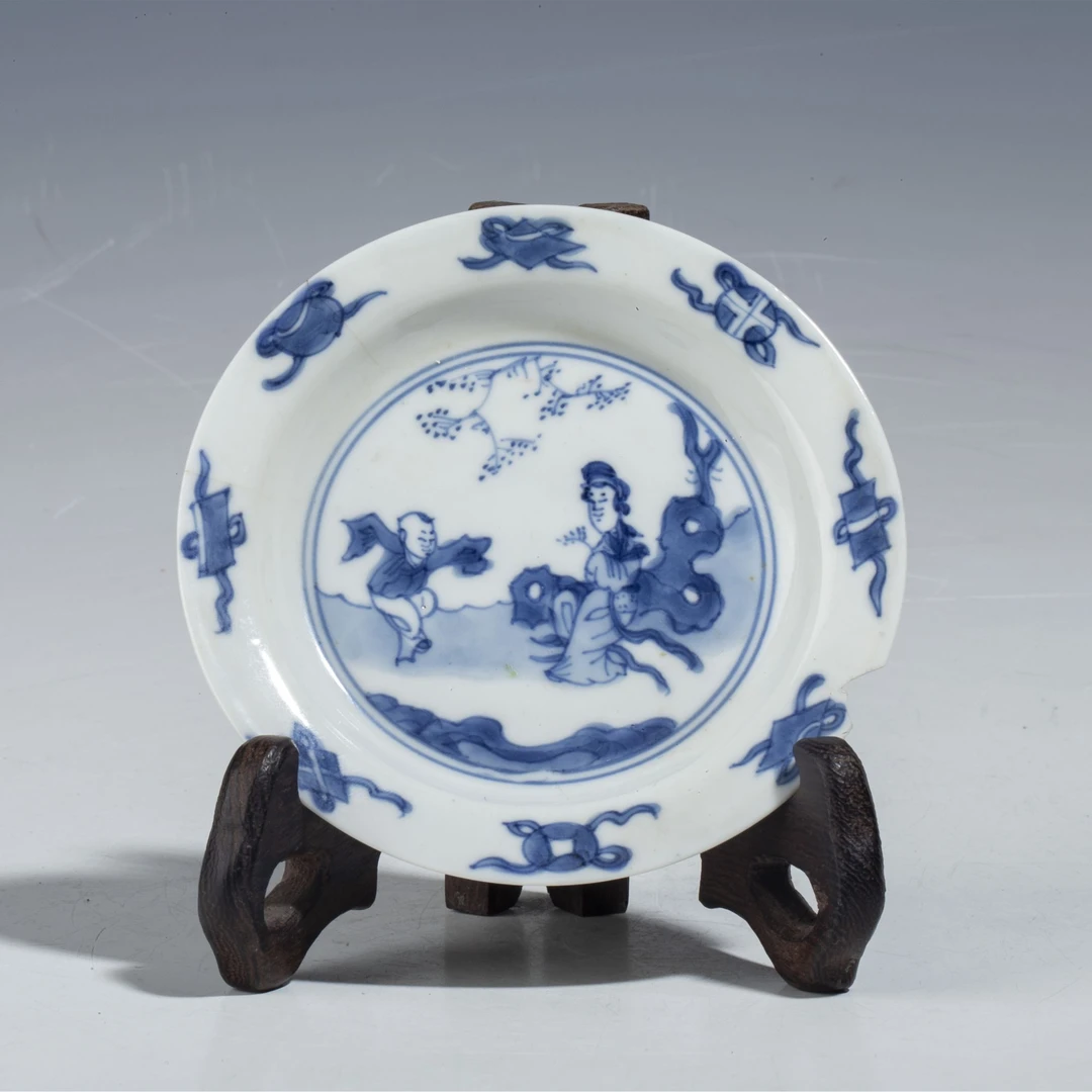 【拍卖-清康熙】·青花三娘教子纹折沿小盘