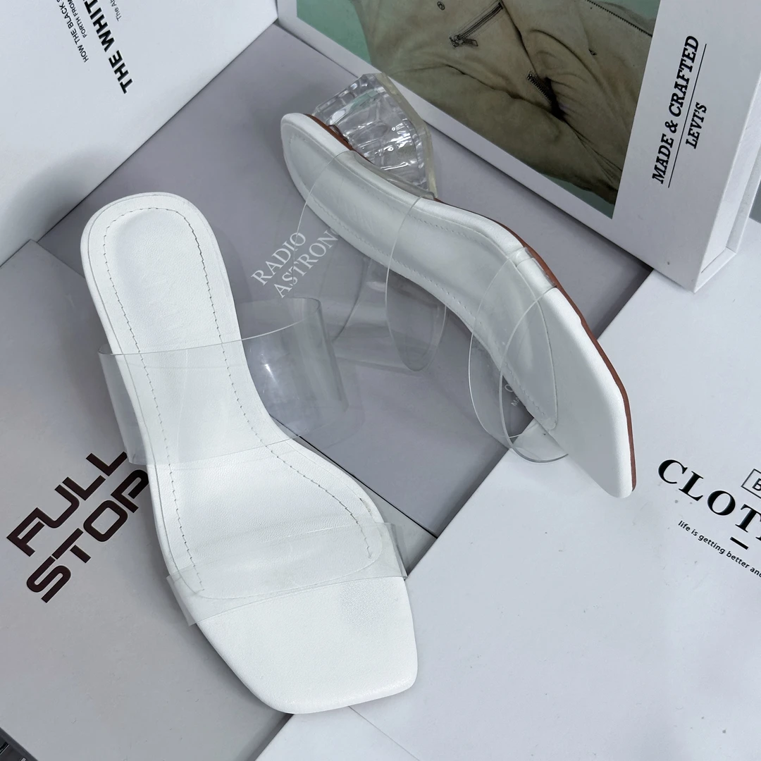 小码定制百搭透明仙女风一字带粗跟高跟凉拖鞋