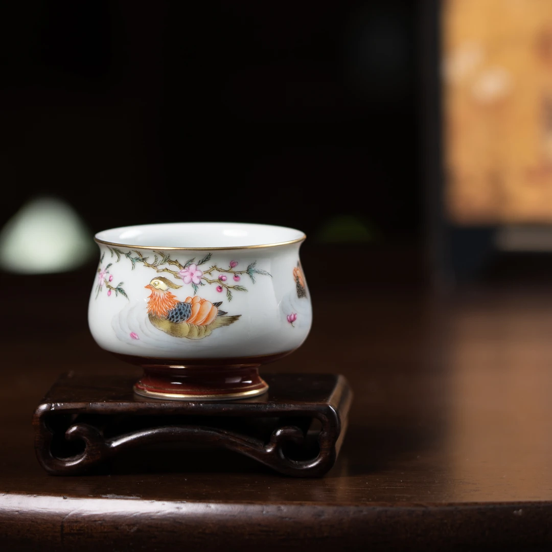 【YR】祭红描金（鸳鸯戏水）高脚炉式杯