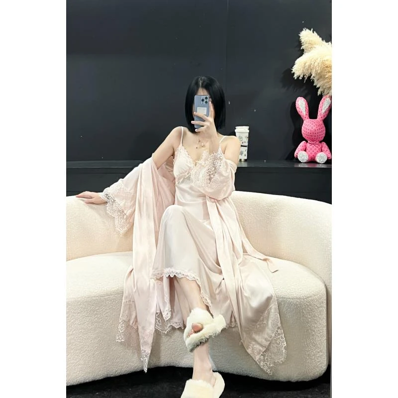 春夏新款气质舒适长袖设计师款时尚蕾丝吊带睡袍长款家居服套装