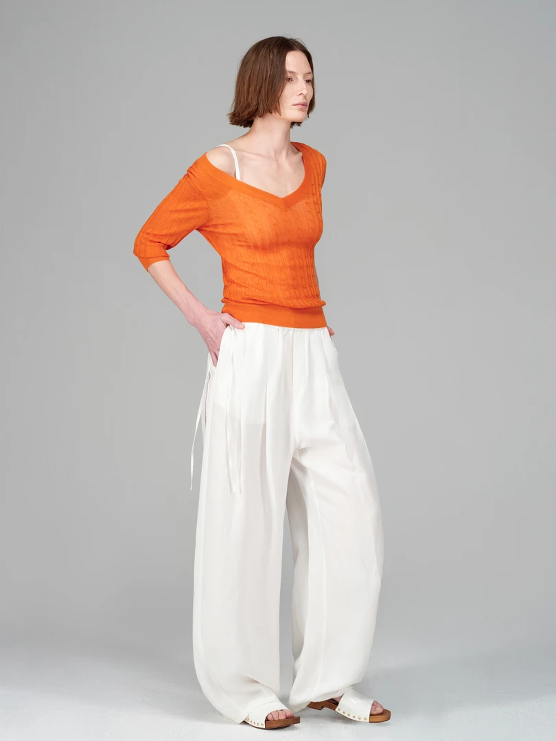 SMIIILE天丝亚麻薄款透气松紧腰白色阔腿裤休闲垂感慵懒风气球裤