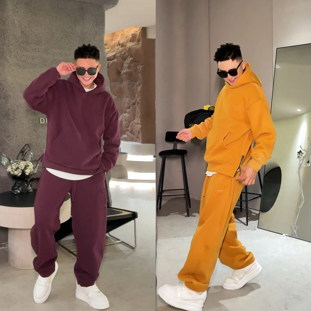 YULE语乐 91102/2569三角标运动休闲套装加厚磨毛连帽卫衣弯刀裤