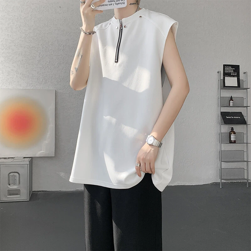 美式半拉链坎肩背心男夏季外穿潮流痞帅重磅无袖t恤运动休闲上衣