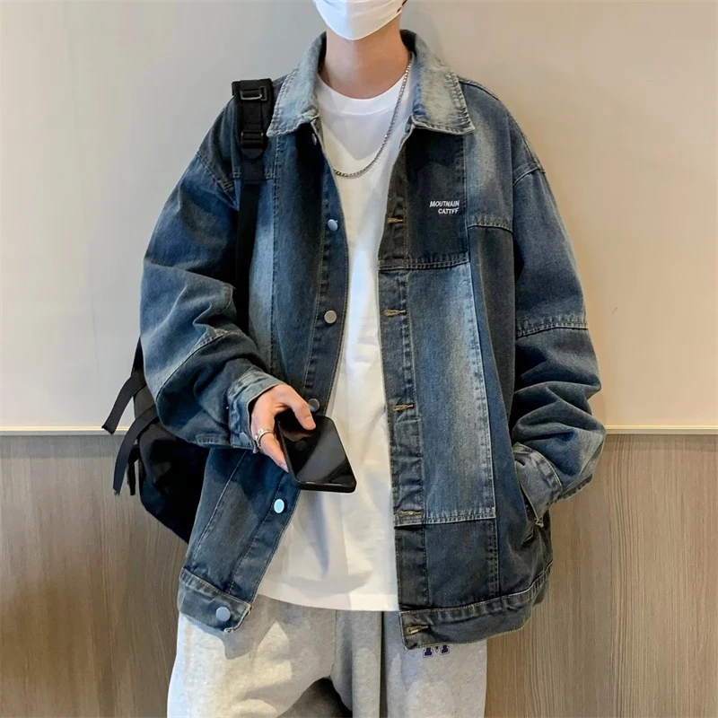 春秋季日系复古cityboy水洗拼色牛仔外套男女生百搭宽松工装夹克