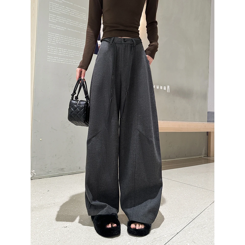 动感少女毛呢加绒休闲裤女2025秋冬季韩版高腰宽松弯刀阔腿裤子潮