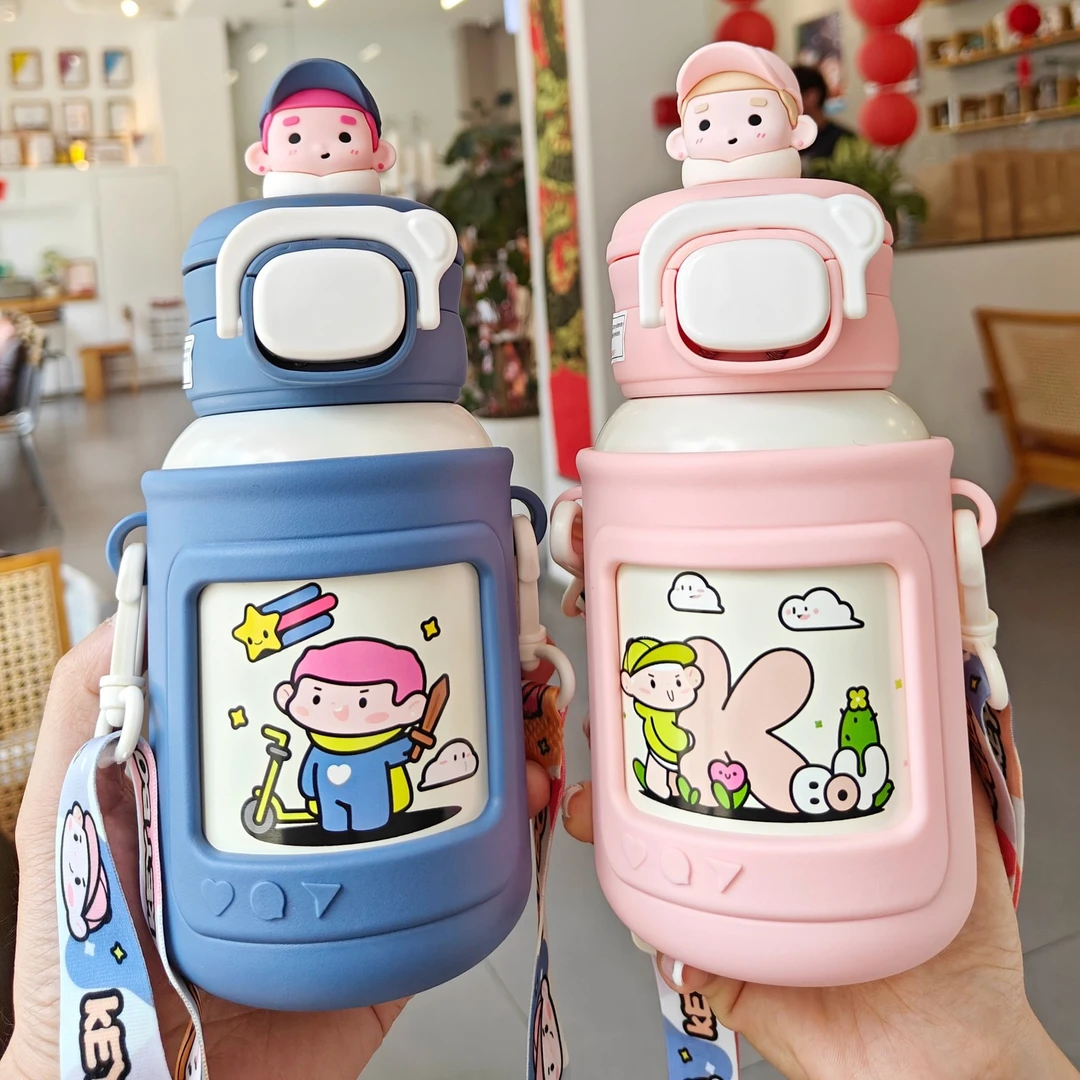 不锈钢真空保温杯大容量儿童吸管杯便携背带硅胶套防摔学生礼品杯