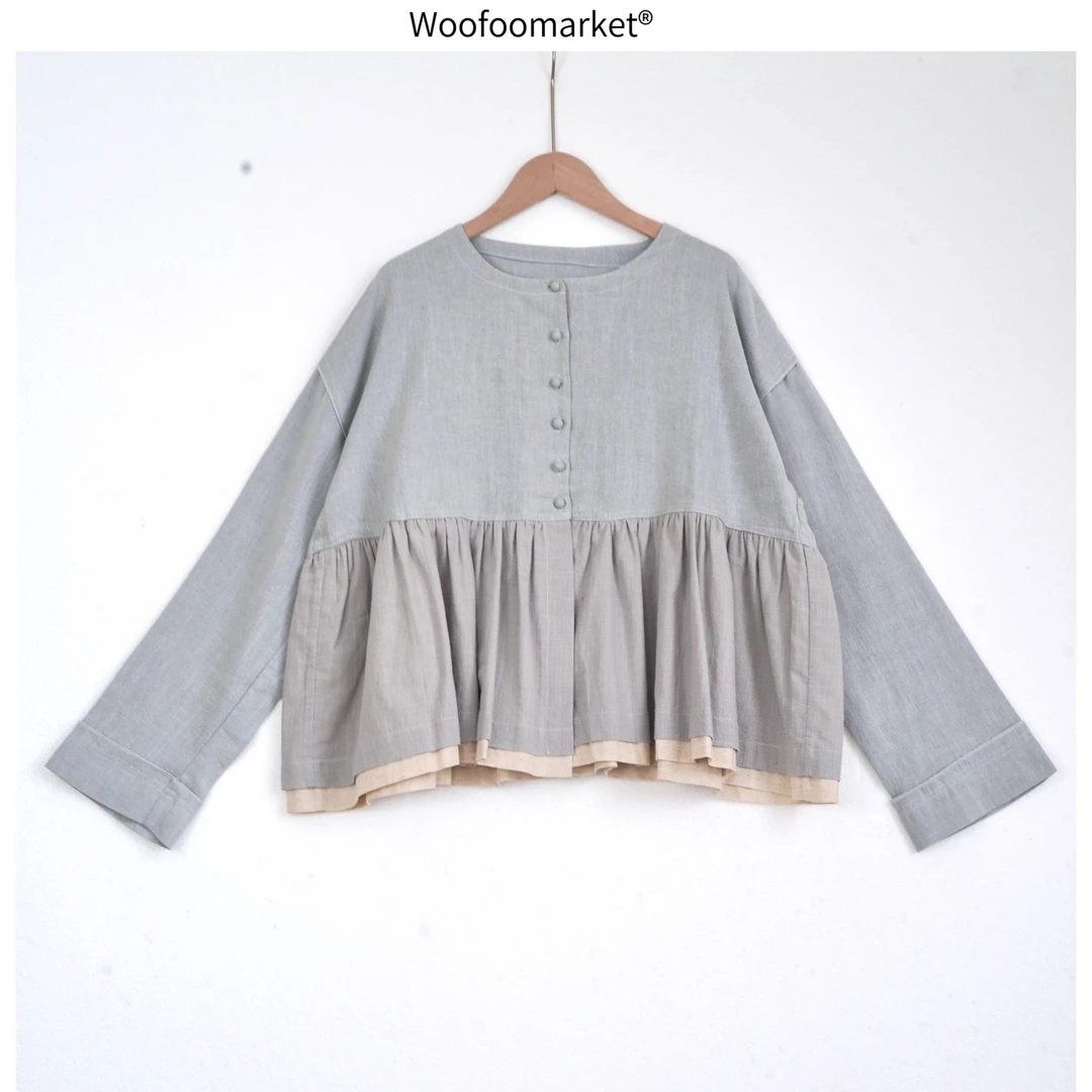 清！【海街日集】重工三色拼接棉麻宽松衬衫女春季森系 CY691