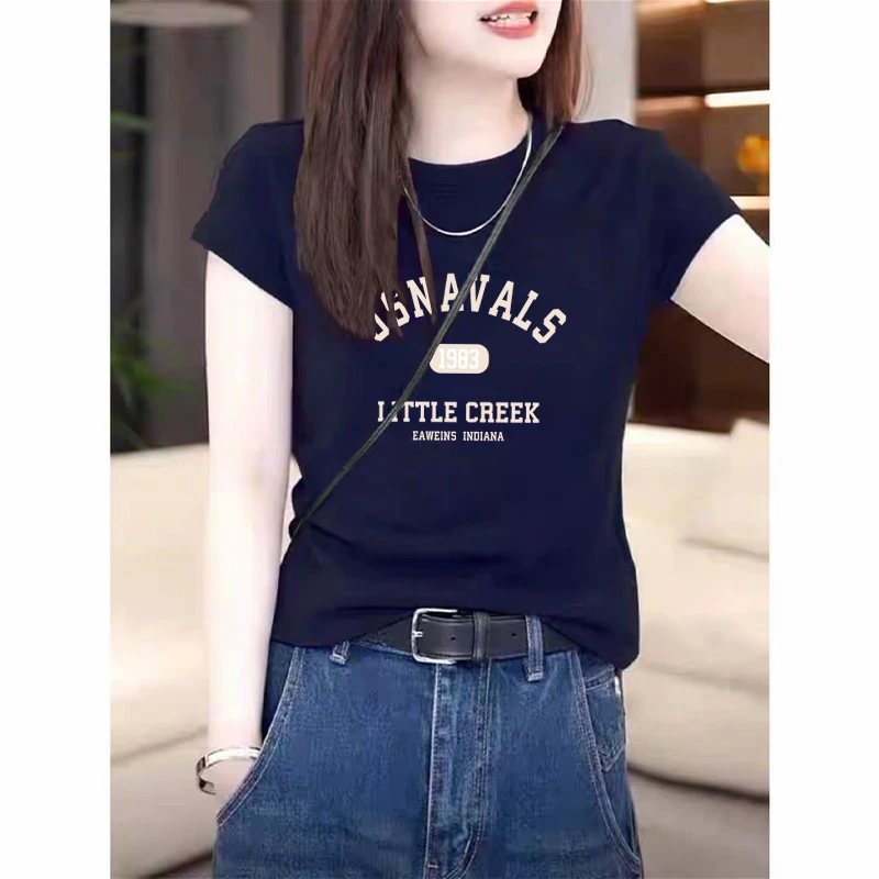 2025夏季藏青色正肩纯棉短袖t恤女装ins小众时尚百搭修身显瘦上衣