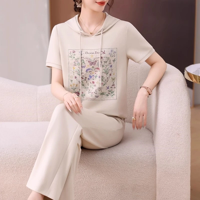 妈妈夏装短袖连帽卫衣中年休闲运动套装女春夏母亲节上衣服两件套