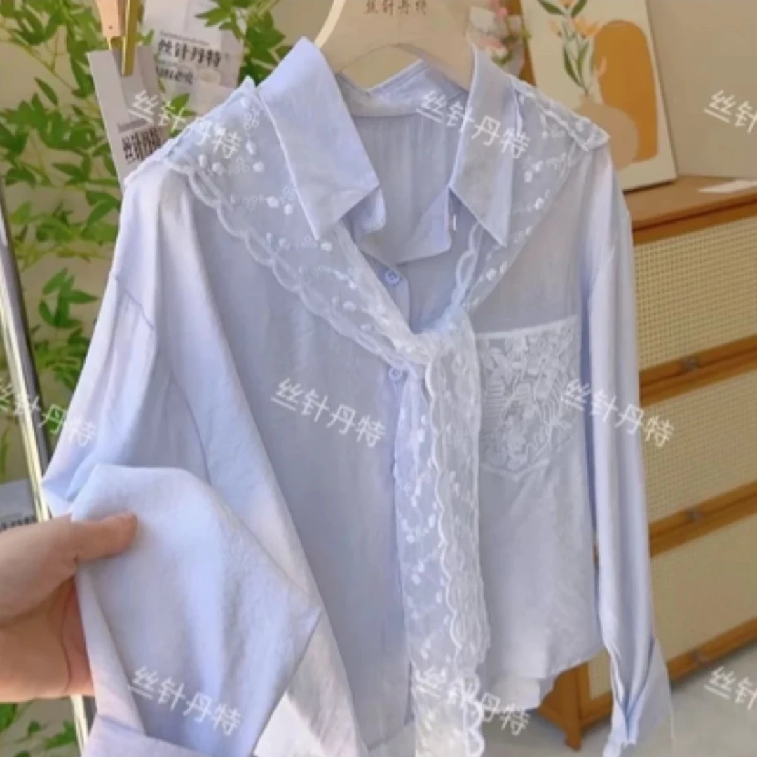 25015蓝色蕾丝披肩短款衬衫女春季新款法式设计感小众上衣