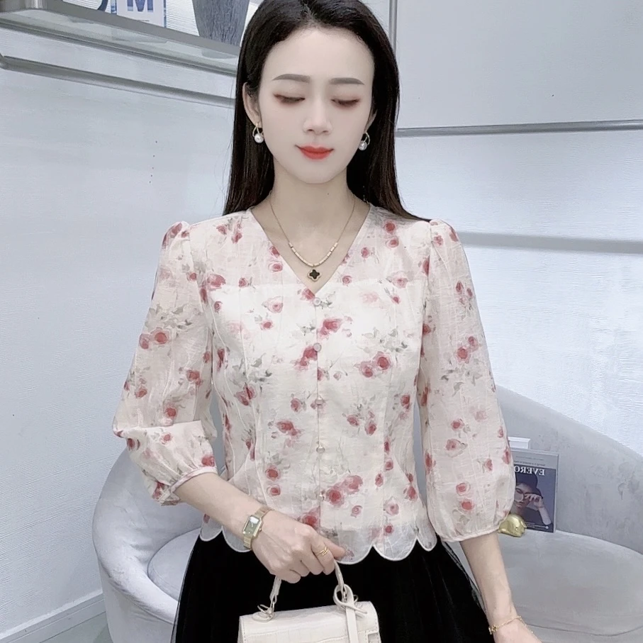 A8162法式V领七分袖衬衫短袖百搭洋气减龄时尚显瘦上衣