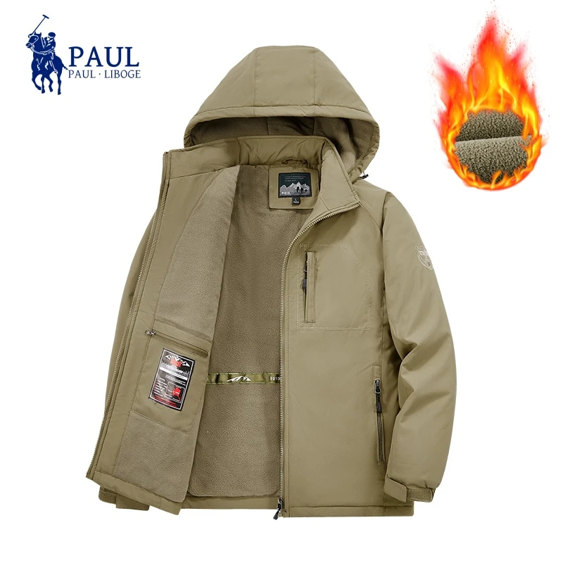 PAUL•LIBOGE/冬季防风多口袋男士加绒夹克防寒外套户外连帽冲锋衣