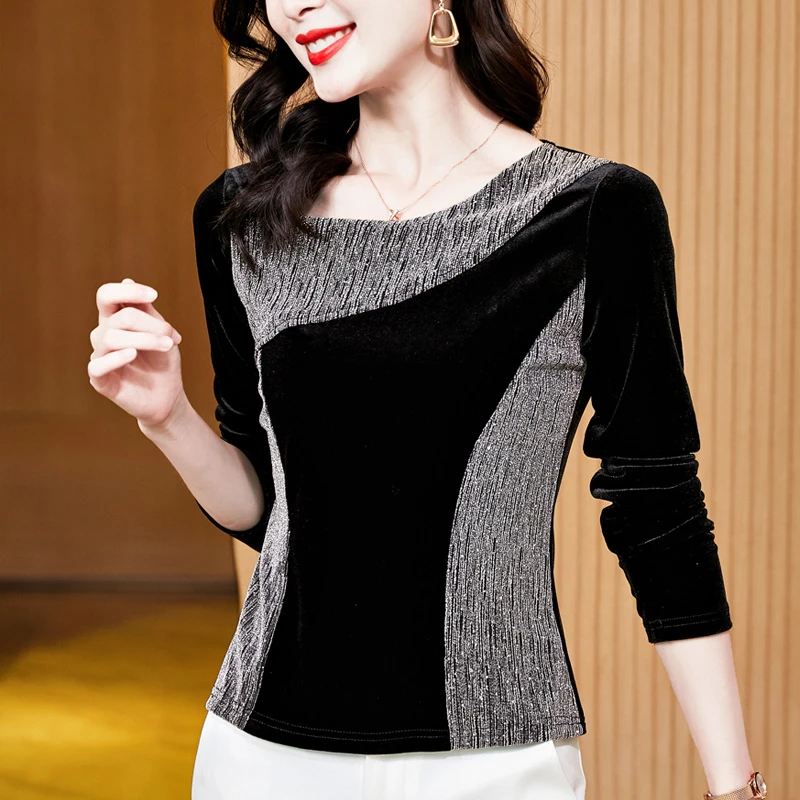 高端金丝绒打底衫女内搭秋季2025年新款撞色长袖t恤减龄小衫上衣