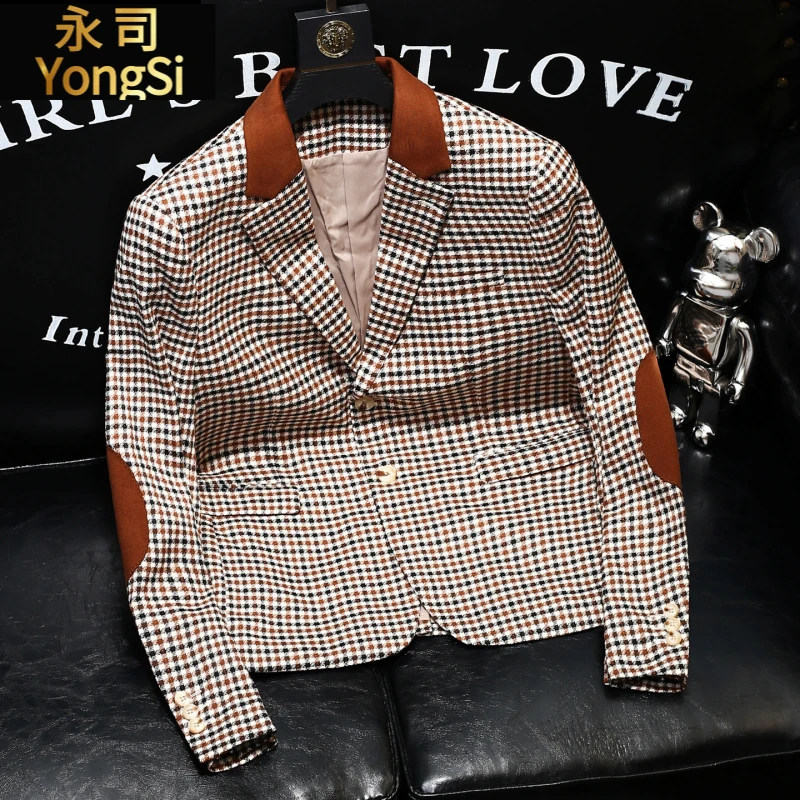 千鸟格休闲西装外套男秋冬高级感拼接领子痞帅英伦风西服上衣男装
