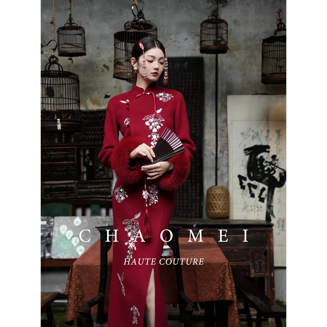 【朱樱】冯（CHAOMEI国风新中式红色婚礼礼服100绵羊毛定位刺绣套装