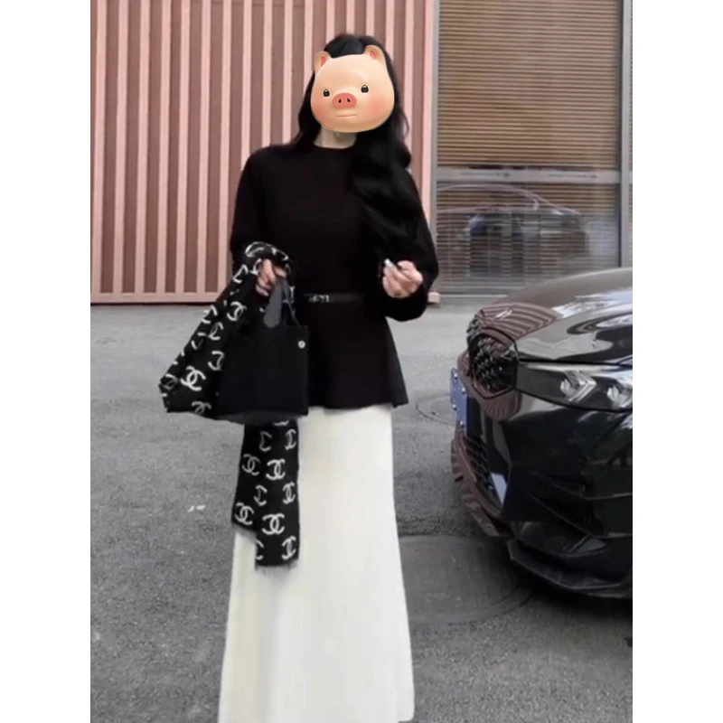 黑色半高领灯笼袖套头打底毛衣女秋冬季内搭可外穿收腰针织衫上衣