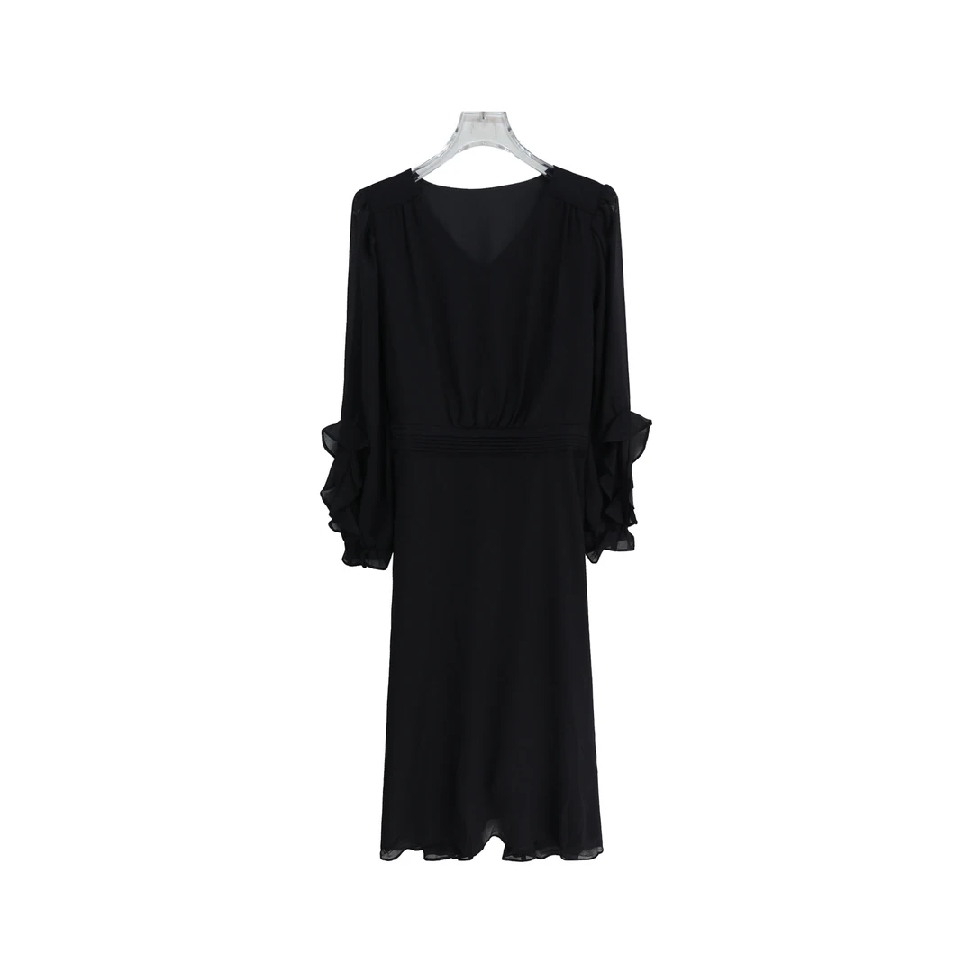 气质V领荷叶边设计感收腰中长款法式连衣裙S2234