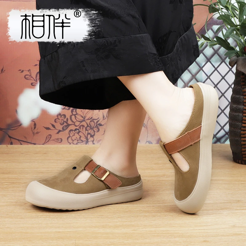 相伴复古手工女鞋牛皮磨砂厚底平底中老年休闲勃肯鞋53137真皮