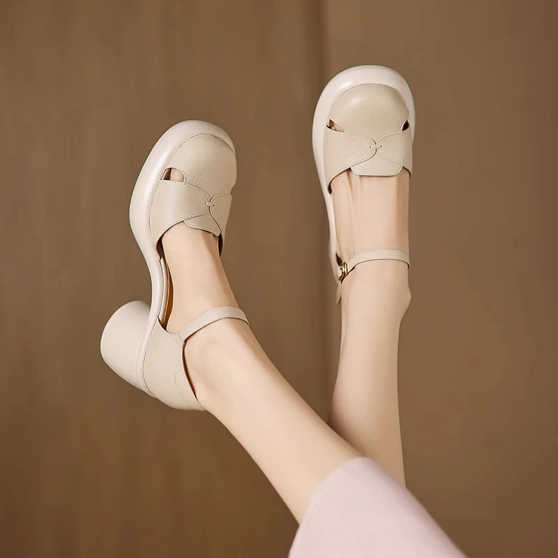 7CM高跟厚底包头凉鞋女2025年夏季新款粗跟中空一字带百搭罗马鞋