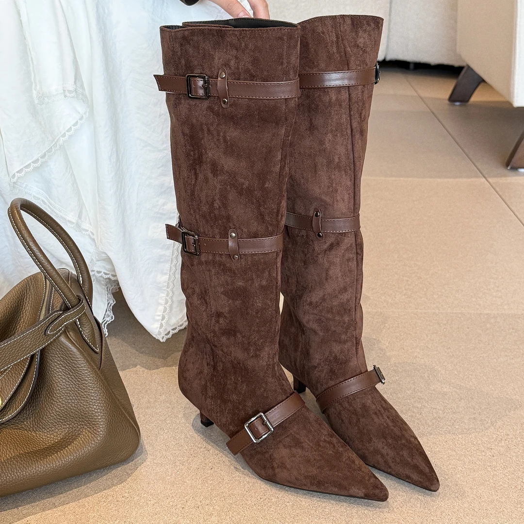 elingstudio 乌木画廊！复古尖头皮带扣长靴女不过膝秋季低跟靴子