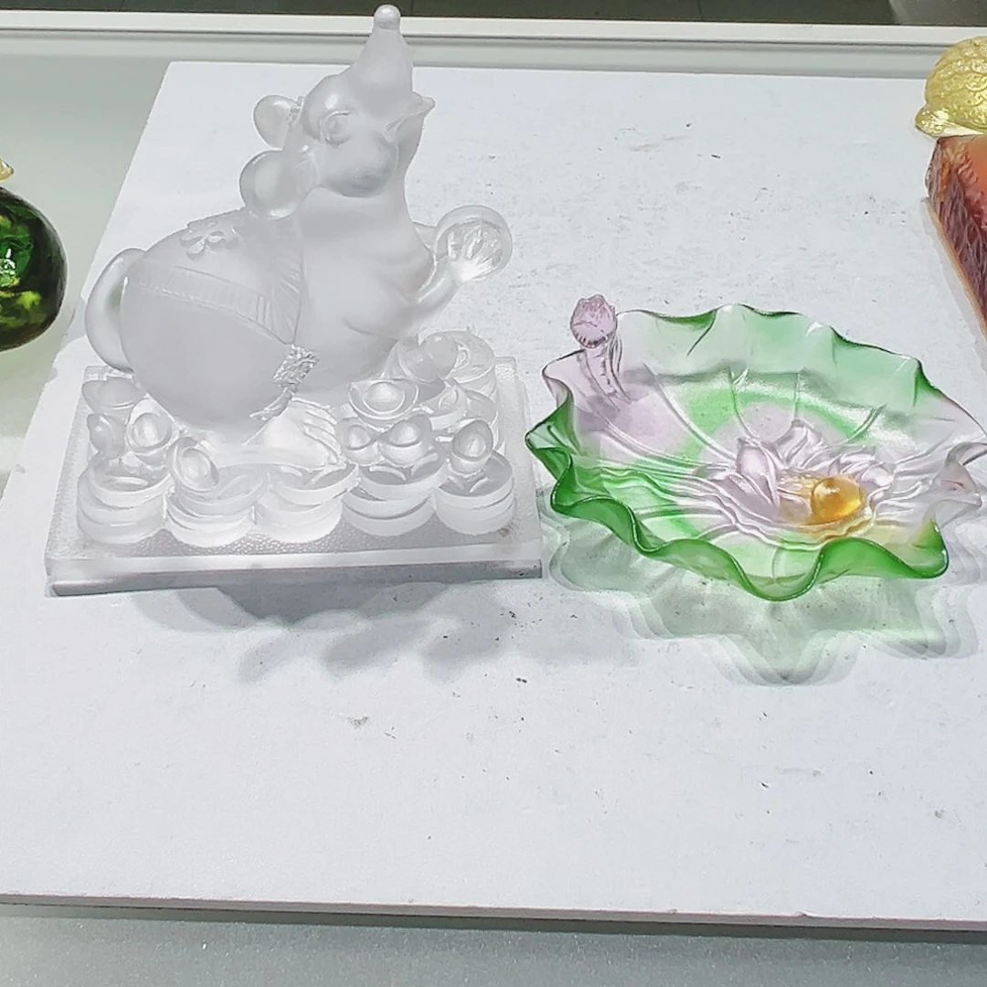 【闪购商品】手工艺品琉璃明**光老鼠➕荷花果盘小号