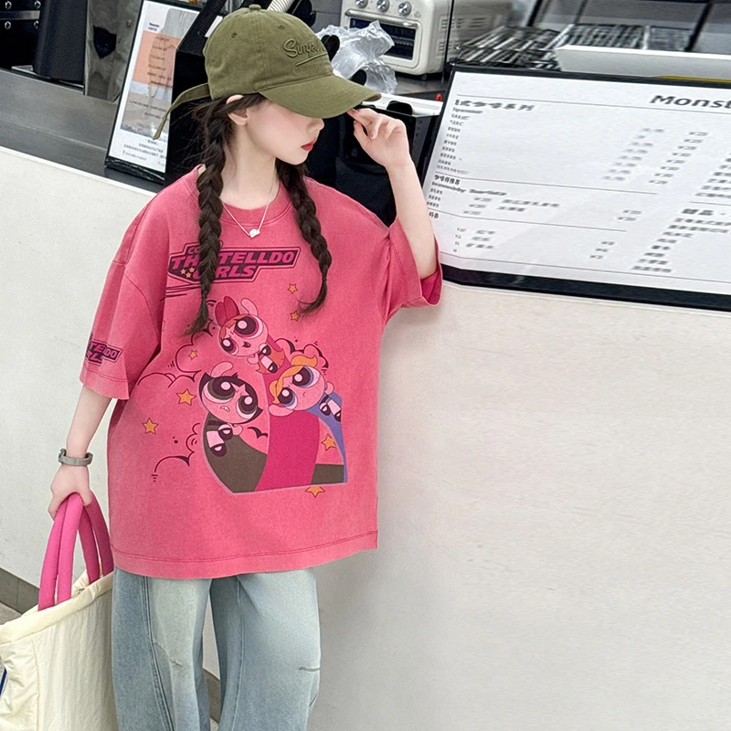 女童短袖T恤夏季2025新款女孩粉色飞天女娲上衣儿童洋气夏季衣服