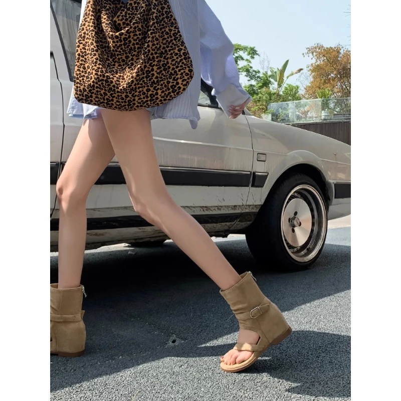 超软~增高复古圆头夹趾裤管靴凉鞋2025新款时尚套筒凉靴女夏外穿