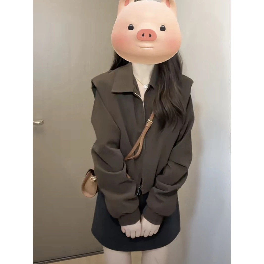 小个子棕色美拉德风短外套女2024年新款慵懒风小众别致设计感上衣
