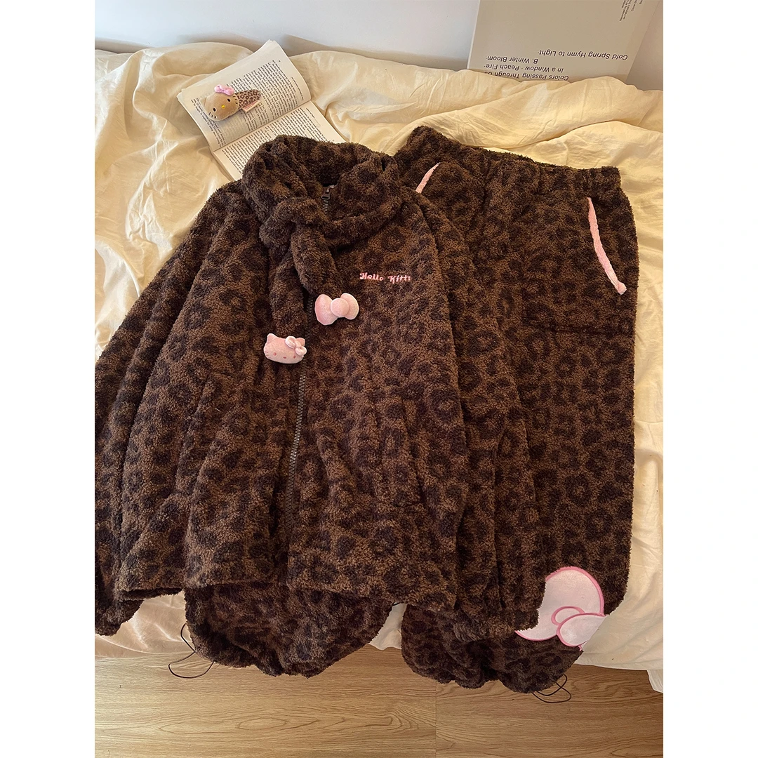 甜酷毛绒豹纹kitty珊瑚绒睡衣女秋冬新款加绒加厚保暖家居服套装