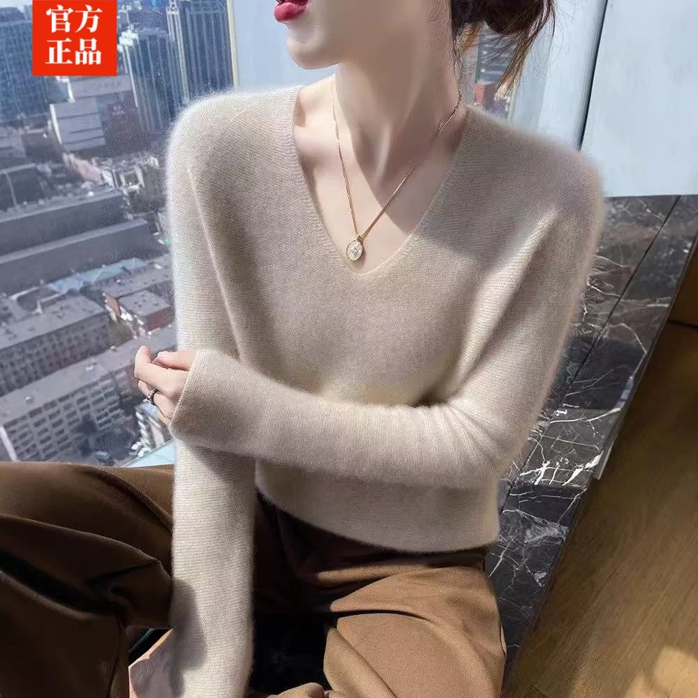 一线成衣秋冬新款100纯羊绒衫女士V领显瘦针织打底衫百搭宽松毛衣