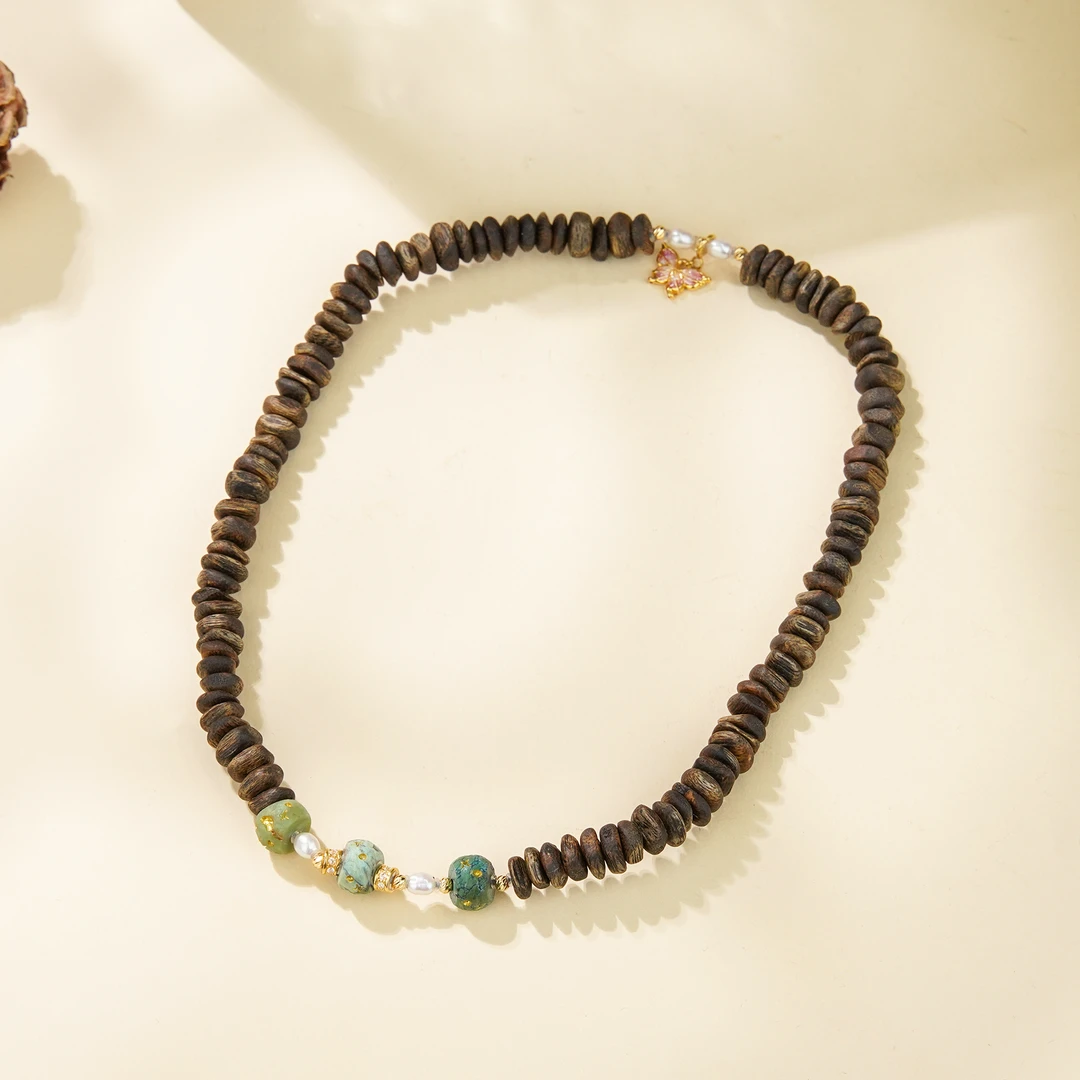 沉香绿奇片珠DIY18K绿松烧蝴蝶双圈/CX00180