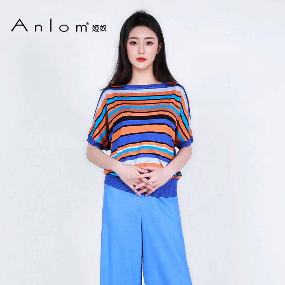 Anlom/娅奴夏季中袖新款圆领兰桔色休闲桑蚕丝针织衫通勤上衣套衫
