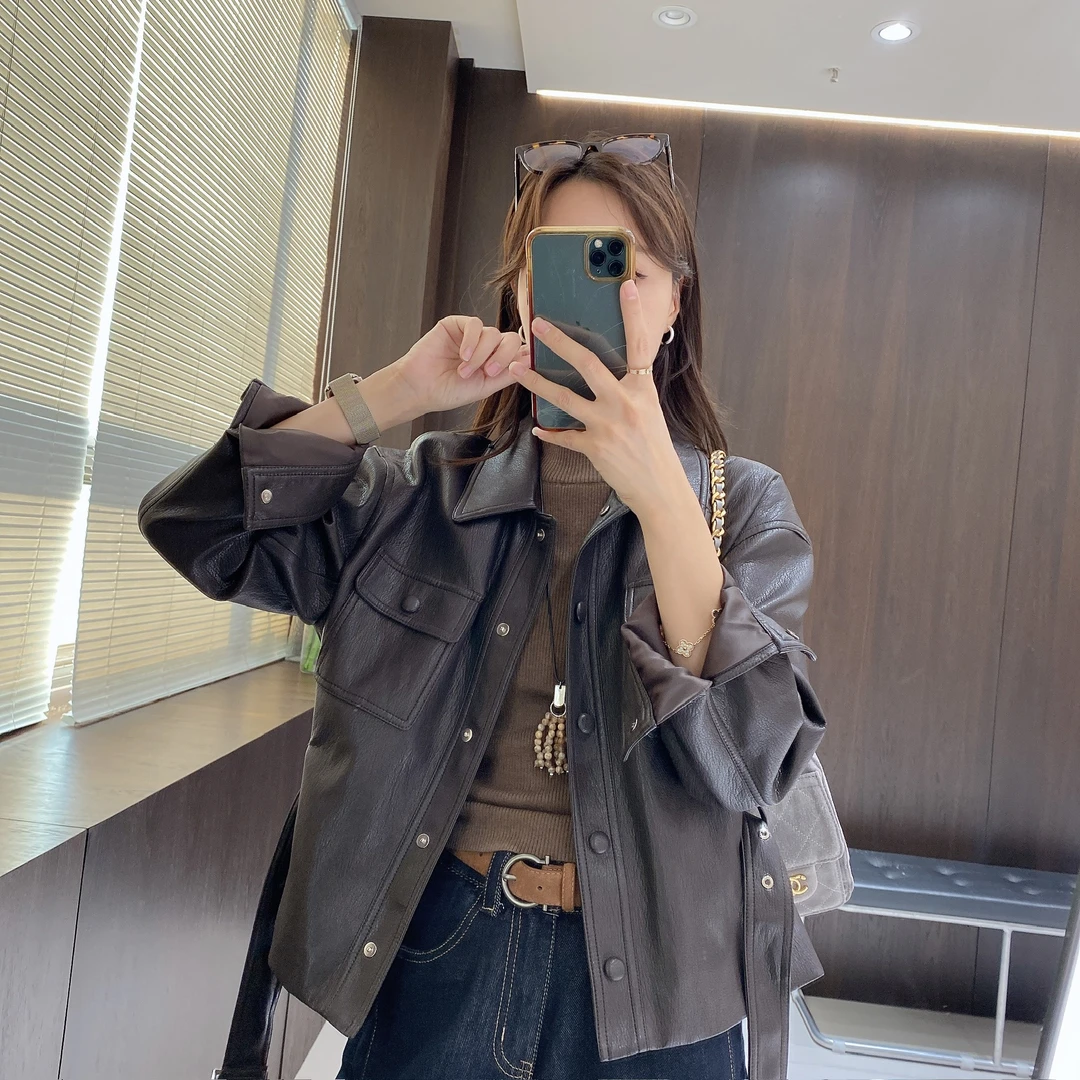 IMFLY金小金自制女装 皮衣DYW9657韩系潮流带腰带翻领皮衣外套