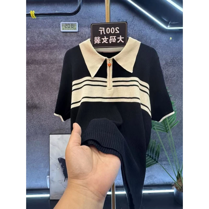 1279大码短袖常规袖女翻领套头款毛针织衫女装正肩气质拼接拼色