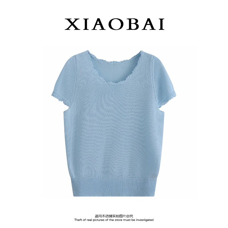 XIAOBAI 多巴胺温柔针织短袖夏季甜美花边针织衫显瘦百搭纯色上衣