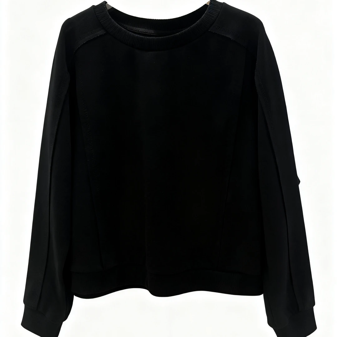 【布止黑白】慵懒风插肩袖哈苏线拼接上衣320G小众长袖圆领卫衣女