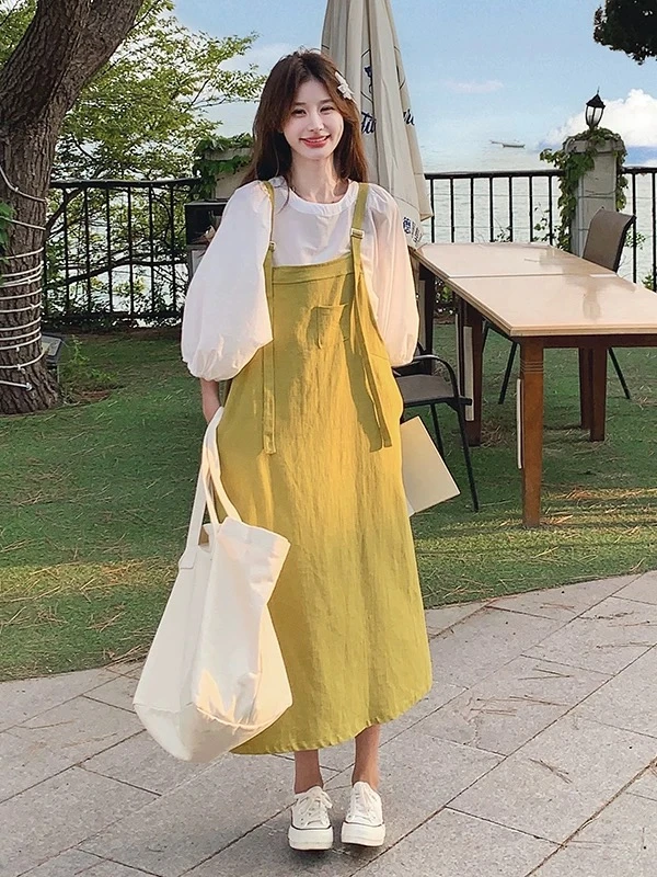 金刚芭比推荐背带裙套装女夏宽松遮肚显瘦休闲连衣裙泡泡袖两件套