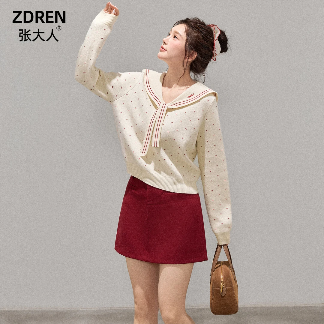 张大人大码女装胖妹妹mm显瘦ootd穿搭套装学院风针织上衣红色半裙