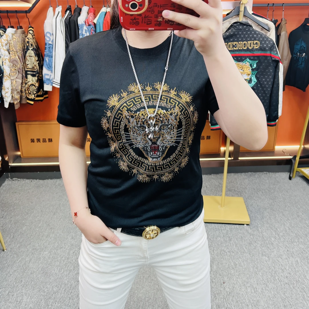 夏季男士短袖T恤修身冰丝伊力特潮流时尚烫钻半袖上衣