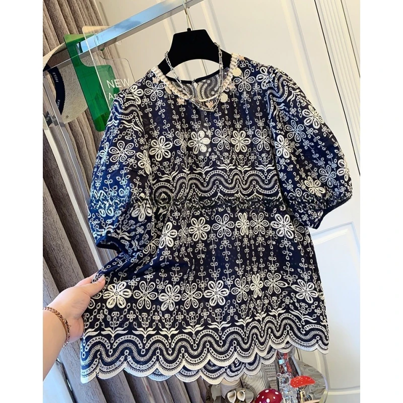 独特超好看法式泡泡袖刺绣蕾丝短袖衬衫显瘦宽松上衣女2025夏新款